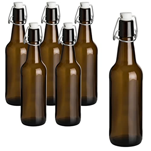 gouveo Lot de 6 bouteilles en verre 500 ml antique avec bouchon pivotant - Bouteilles en verre brun de 0,5 l à remplir - Bouteilles à bouchon mécanique pour jus, bière et boissons maison (BF500A)