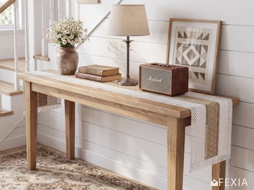 Image of FEXIA Boho Table Runner for Fall Home Decor 12x72 Burlap with Tassels | 72 Inches Long Farmhouse Kitchen Dining Room Macrame Burlap Coffee Table Decoration Dresser Runner Pottery Barn Furniture