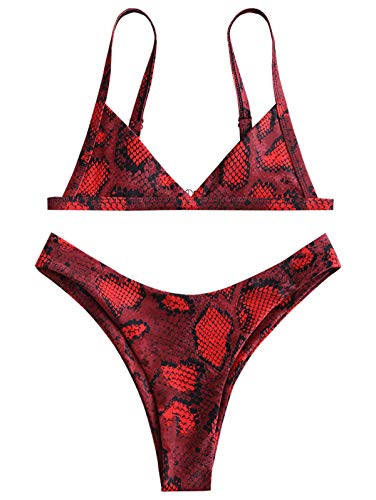 ZAFUL Womens Snakeskin Print Straps High Cut Wire Free Bikini Set Two Piece Swimsuits?Multi?M Red