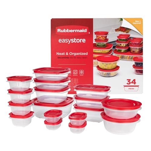 Rubbermaid EasyStore Rectangle, Square, and Round Containers, 34-Piece Set, Food Storage Containers, Food Storage Containers with Lids