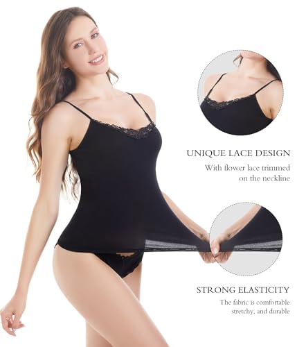 Image of Womens Tank Top Camisoles with Premium Cotton Italian Design - Trimmed with Flower Lace on Neckline