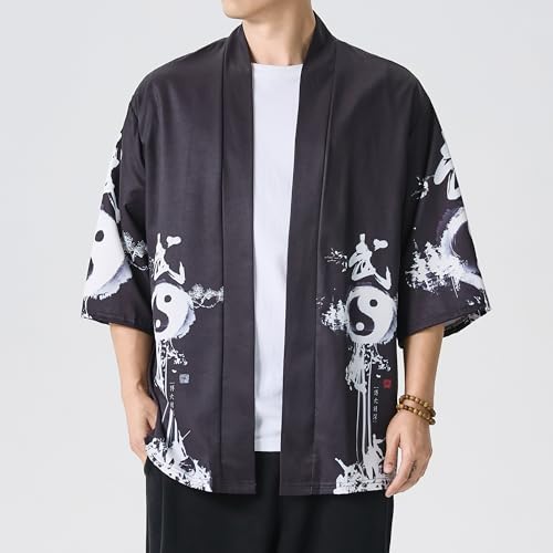 Image of Men's Japanese Kimono Robe Jacket Lightweight 3 /4 Sleeve Open Front Yukata | Silky Smooth Fashion Print Happi Coat Lightweight Breathable Loose Unisex Haori Casual Summer Cardigan Daily Beach Vacation
