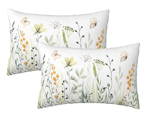 Pack Of 2 Rectangular Polyester Cotton Pillow Cover 12X20 Inch Lumbar Pillow Cover Farmhouse Decor For Home Butterfly Spring Summer Floral Pillows Decorative Throw Pillows Both Sides Print Decorations #TOP5