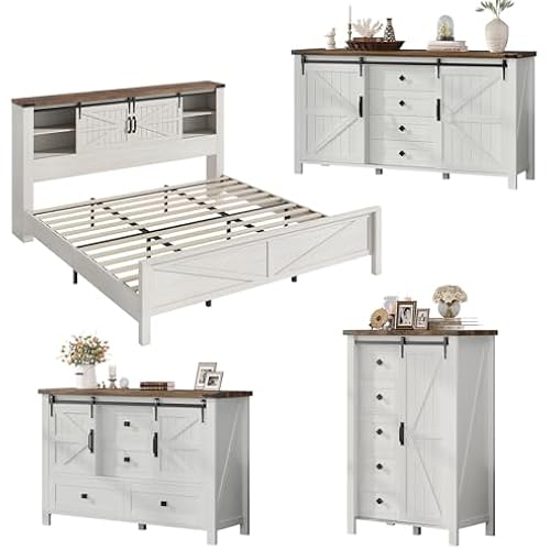 AMERLIFE 4-Piece White Farmhouse Bedroom Set with King Bed & 3 Dressers