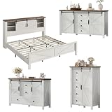 AMERLIFE 4 Pieces Farmhouse Bedroom Set, Includes King Size Bookcase Headboard Bed Frame, 5 Drawer Tall Dresser, 47'' Dresser with 4 Drawers, 60' Dresser with 4 Drawers, Distressed White