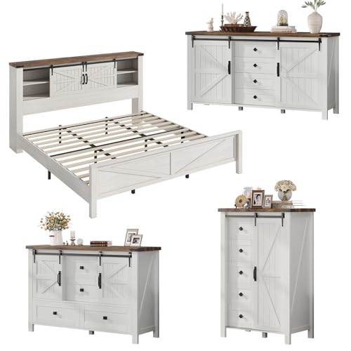 AMERLIFE 4-Piece Farmhouse Bedroom Set in Distressed White, King Size Bed Frame with Bookcase Headboard, 5-Drawer Tall Dresser, 47'' Dresser with 4 Drawers, 60' Dresser with 4 Drawers