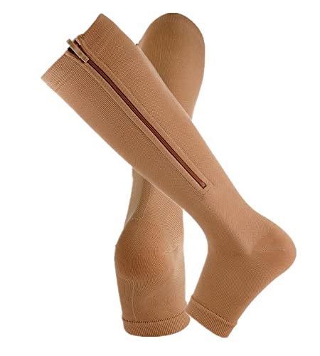 Compression Socks with Zipper - Toe Open Leg Compression Stockings Adult Sports Support Stocking Knee High Socks (Small/Medium, Beige)
