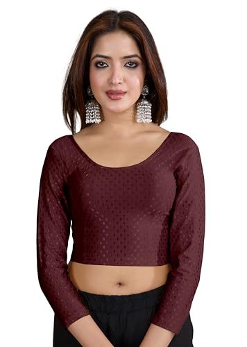 Image of TRENDMALLS Women's Dobby Pure Cotton Elastin Stretchable Readymade Round Neck Full Length Sleeves Blouse Choli Stylish Saree Blouse Ready to Wear