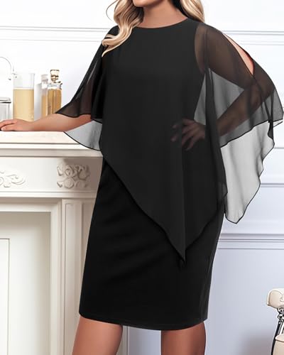 Pinup Fashion Plus Size Dresses for Wedding Guest - Women Cape Cocktail Party Chiffon Overlay Pencil Dress2