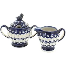 Blue Rose Polish Pottery - Blue Flowering Peacock Cream & Sugar - 6 oz Creamer - Hand-Painted Polish Pottery Ceramic Creamer & Sugar Bowl with Lid