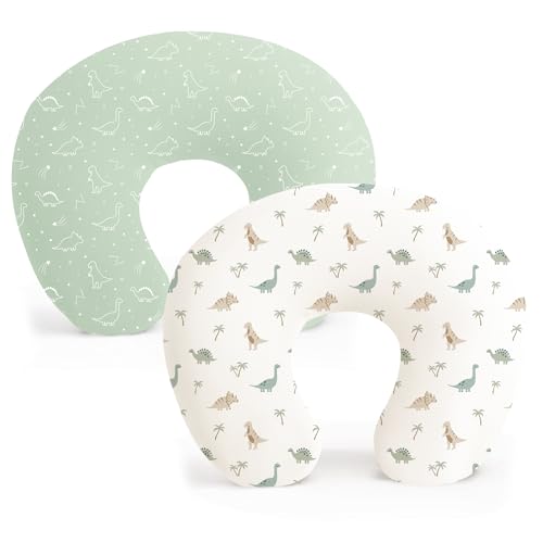 Image of Konssy 2 Pack Nursing Pillow Covers, Stretchy and Soft Nursing Cover for Breastfeeding Pillows, Pillow Slipcover for Baby Girls Boys Newborn (Dino Jungle, Sage)