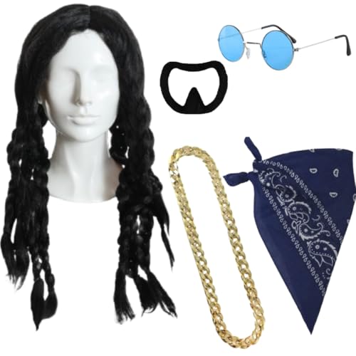 Déguisement de rappeur des années 90 pour homme avec perruque de dreadlocks noires, fausse chèvre, chaîne dorée, bandana bleu, lunettes hippie bleues – Déguisement d'Halloween