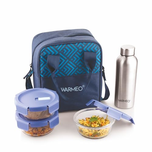 Image of WARMEO BOROFRESH Set of 4 Borosilicate Glass Tiffin (3 Round Container,400ml Each + 1 Steel Bottle 750 ml)| Leakproof, Microwave & Dishwasher Safe Lunch Box with Bag for Office, College & School