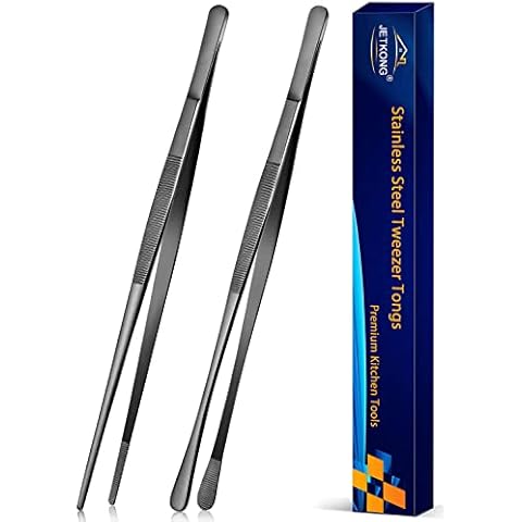 JETKONG 2 Pcs 12-Inch Kitchen Tweezers Tongs with Precision Serrated Tips, Stainless Steel Chef Tweezer Professional Cooking Tweezers for BBQ, Plating and Serving (12-Inch, Black) Cover