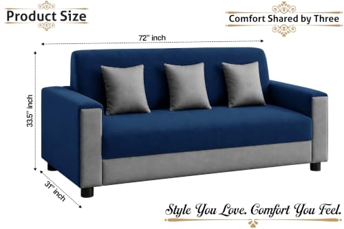 Image of Modern 3 Seater Sofa | Contemporary Upholstered Couch | Premium Cushioned Seating | Stylish Armrest Design | Comfortable Sofa for Living Room, Bedroom & Office - Blue + Grey Color