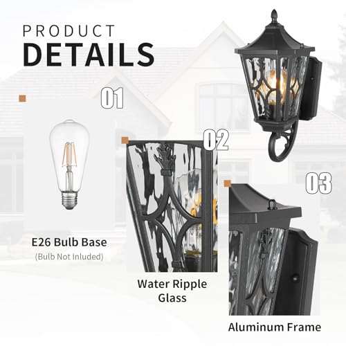 Image of 23 inch Outdoor Wall Light Fixtures,Exterior Waterproof Wall Lantern, Porch Sconces Lighting with E26 Socket & Water Ripple Glass Shades,Matte Black Outside Wall Lantern Light for House Front Door Garage