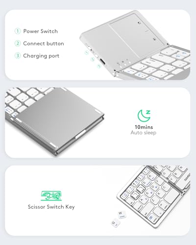 Image of Samsers Foldable Bluetooth Keyboard with Touchpad, Slim Compact, Silver | Multi-touch Trackpad, Full Size, Phone Holder, USB-C Charging, 3 Device, for Android Windows iOS Mac OS, Mobile Productivity
