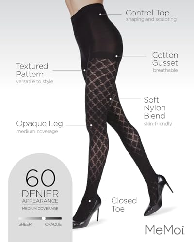 MeMoi Ultra-Sleek Cloudpoint Opaque Tights, Comfortable and Lightweight Control Top Tights, 60 Denier - Sizes S-L3