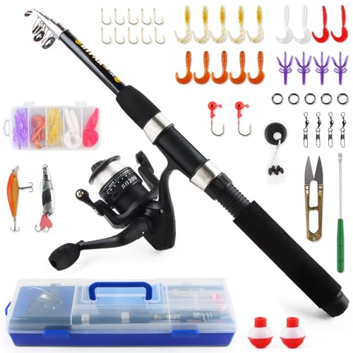 Darryy Caña de Pescar para Niños, Kit Pesca para Niños de 1,5 m, Caña de Pescar Telescópica para Viajes, Cañas de Pescar en Mar Viene con Cebo y Caja de Almacenamiento.