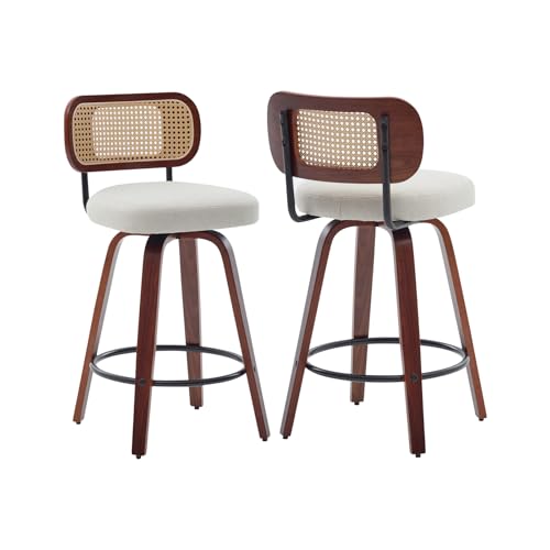 Image of Counter Height Bar Stools Set of 2, 26 inch Swivel Bar Chairs with Curved Rattan Back, Linen Upholstered Seat, Walnut Craftsmanship, Mid Century Modern Counter Stools for Kitchen Counter, Beige