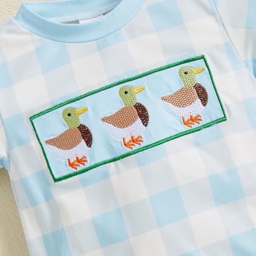 Infant Baby Boy Summer Outfit Short Sleeve Mallard Duck Embroidery Checkered Bubble Romper Newborn Hunting clothes4