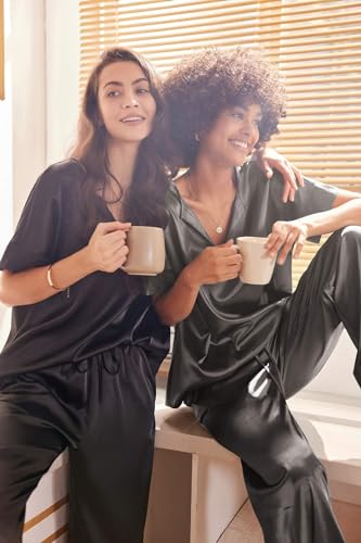 Image of Ekouaer Mens Satin Pajamas Set Button-Down Short /Long Sleeve Shirt Top Soft Silk Sleepwear Loose Pocket Pant Loungewear
