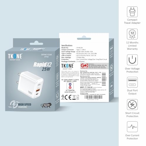 Image of TKONE 25W Dual Port Fast Charging Adapter, Type-C & USB A, Compatible with iPhone 17 /16 /15 /14 /13 /12 Series, Samsung Galaxy S25 /S24 /S23, OnePlus, Nothing, Tablets & Earbuds, BIS Certified (White)