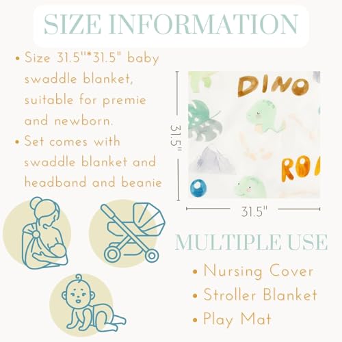 Image of Newborn Swaddle Sets with Headband Beanie and a Name Card Baby Snug Wrap Receiving Blanket for Baby Boys Girls (Green Dinosaur)