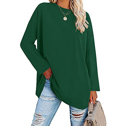 Famulily Damen Casual T-Shirts Damen Rundhals Langarm Tops Baumwolle Lose Tunika Bluse (XXL, Grün)