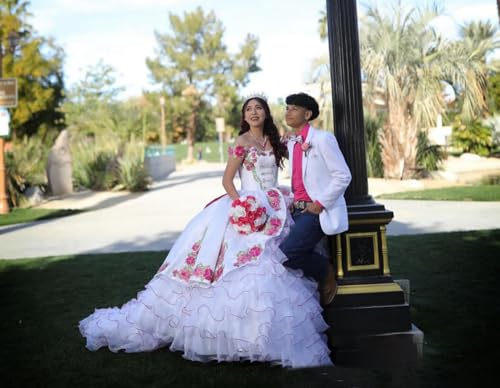 Ruffled Mexican Quinceanera Dresses with Bow Embroidery Flowers Ball Gown Puffy Layered Prom Gown SE0294