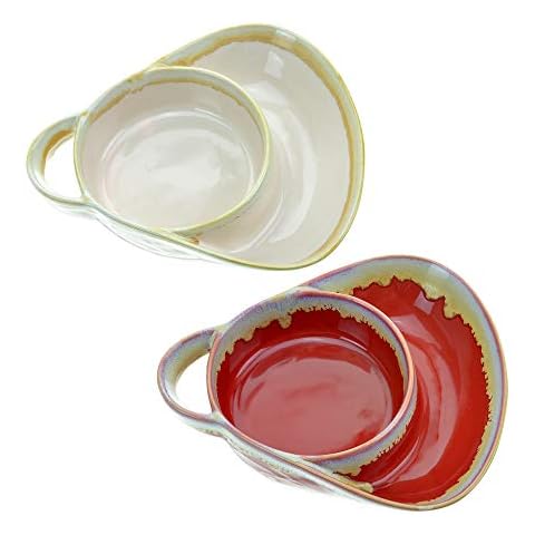 Stoneware Soup & Side, Chips & Dip Bowl Set of 2 by Roe & Moe (Cream and Red) Cover