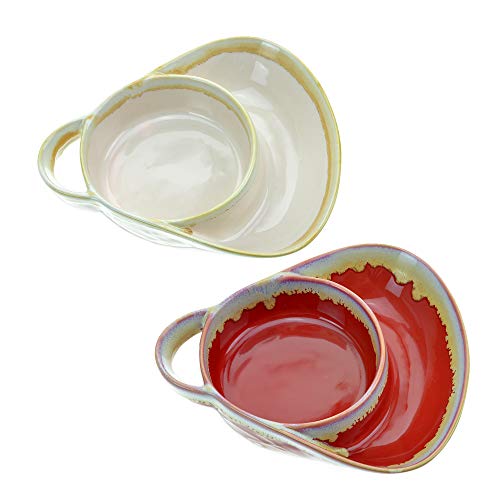 Stoneware Soup & Side Chips & Dip Bowl Set of 2 by Roe & Moe (Cream and Red)