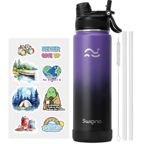 Image of Swigina [2-IN-1 LID] Insulated Water Bottle with Silicone Boot (36hrs Cold /18hrs Hot) - DIY Stickers, Leakproof, BPA Free, 24 oz