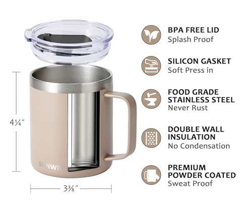 Image of SUNWILL Travel Coffee Mug Set of 2, Insulated Tumbler with Lid, 14oz Stainless Steel Cup with Handle for Camping, Office, Home, Powder Coated Cream & Taupe