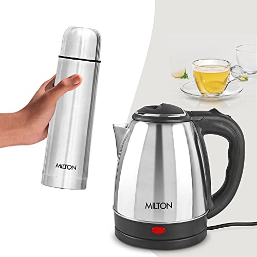Image of MILTON Euroline Combo Set Go Electro Stainless Steel Electric Kettle, 1.5 Litres, Silver And Flip Lid Thermosteel Hot Or Cold Stainless Steel Water Bottle With Jacket, 1 Litre, Silver,1350 Watts