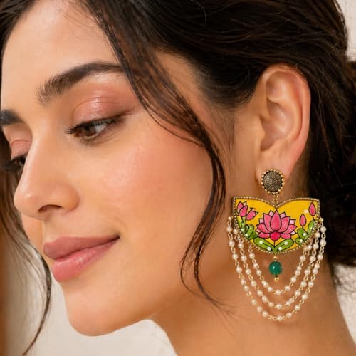 Image of KHOJ.CITY Ethnic Earrings for Women | Lightweight, Hand-Painted Chandbali with Pearl Chain | Handmade Jewellery for Women | Boho Earrings For Girls
