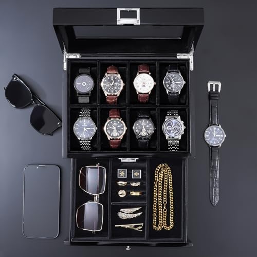 ProCase Uhrenbox mit 8 Fächern, Uhrenkasten Uhrenkoffer mit Glasdeckel Uhrenkissen, Uhrenschatulle für Schmuck Ringe Armbänder Halsketten - 8 Slot, Schwarz