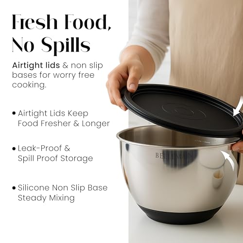 Image of Bellemain Mixing Bowls with Lids Set - Stainless Steel Mixing Bowls with Airtight Lids - Food Storage Containers - 3PCS Set with Non-Slip Bottoms Kitchen Essentials for Baking - Serving