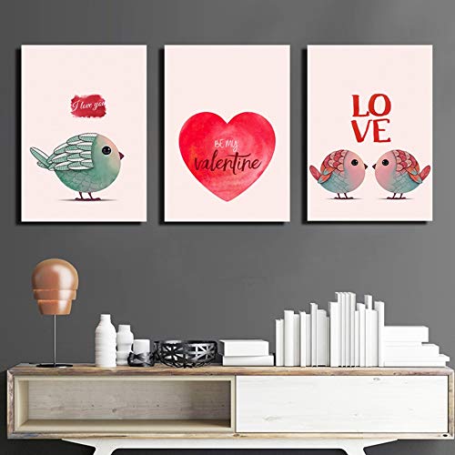 Tableau Triptyque Salon Amour de Bande Dessinée Oiseaux Peinture sur Toile 3 Pièces HD