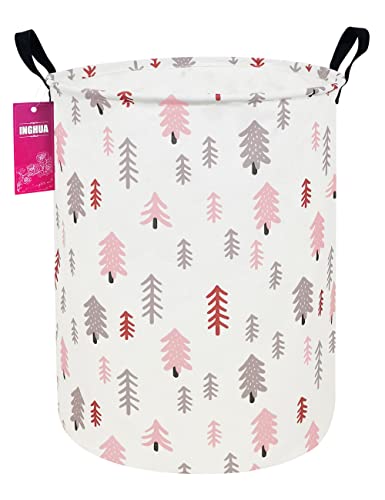 Image of INGHUA Laundry Hamper Large Canvas Fabric Lightweight Storage Basket/Toy Organizer/Dirty Clothes Collapsible Waterproof for College Dorms, Boys and Girls Bedroom,Bathroom(Pink pine tree)