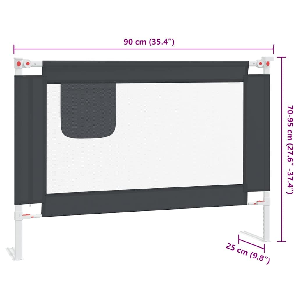 Barrera protectora para cama infantil, color gris oscuro, 90 x 25 cm, tela y metal, altura regulable de 70 a 95 cm, para colchones de 3 a 33 cm, protección contra caídas para seguridad del