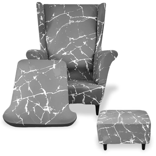 Ghshanog Wingback Chair Cover, 3 Piece Set Stretch Armchair Sofa Slipcovers with Cushion Covers & Ottoman Cover, Removable Machine Washable Furniture Protector for Hotel Living Room Bedroom(Grey)