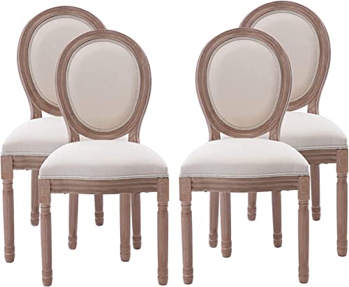 Juego de 6 sillas de comedor estilo rústico francés con respaldo redondo tapizadas de tela y patas de madera maciza, ideales para sala de estar, dormitorio, cocina, color beige