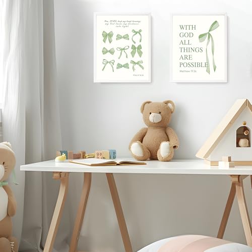 Image of LARTSFRO Coquette Sage Green Bow Wall Art Decor Posters, Sage Green Bow Room Bedroom Bathroom Dorm Wall Art Decor Aesthetic for Teen Girls Gifts, Inspirational Bible Verses Bow Wall Decor, 10x8 Inch Set of 4 Pcs Bow Pictures (UNFRAMED)