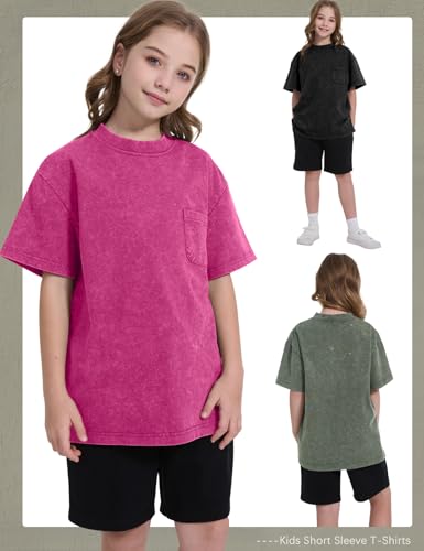 Image of COZYPOIN Unisex Kids Vintage Acid Wash Cotton Tees Crew Neck 3-16Y