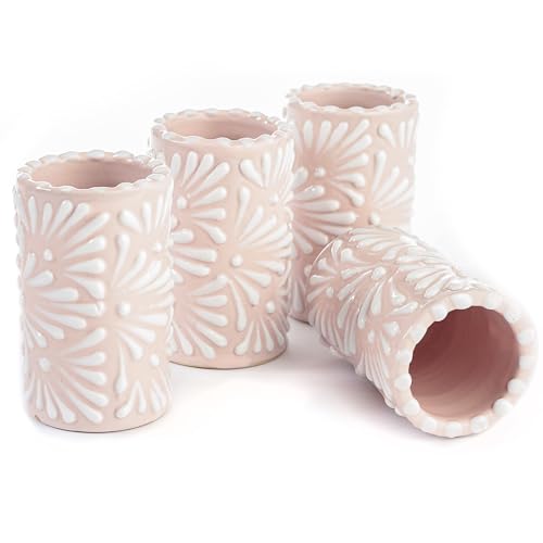 Image of Talavera Shot Glasses Set of 4 Authentic Mexican Tequila Shot Glasses - Hand-painted - 2 Oz (White Brushstroke Pink Background)