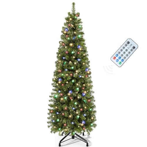 YITAHOME Pre-Lit Artificial Pencil Christmas Tree 6 FT with Remote, Fraser Fir, Slim Green Christmas Tree with 700 Branch Tips and 200 Lights Green 6ft