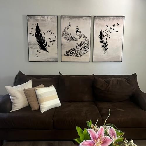 Feather Stencils for Painting on Wood, Peacock Stencils for Crafts Reusable Wood Burning Drawing Art Paint Stencils and Patterns for Wall Cake Cookie Canvas Furniture Paper, large, white