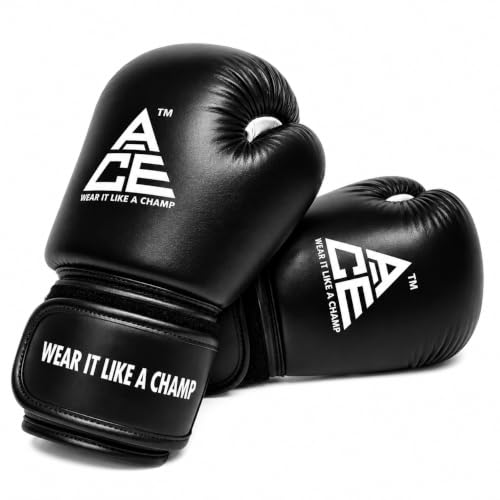 Image of ACE Genuine Leather Boxing Gloves | Adult Training Gloves for Sparring | Shock Absorbing Padding | Secure Wrist Strap | Punching Bag Workout | Black | 14 oz