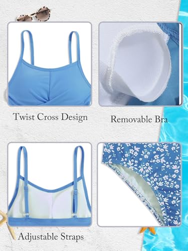 Image of Girls Swimsuits 2 Piece Bathing Suit Tropical Floral Swimwear 7-16 Years Beach Sport Halter Tankini